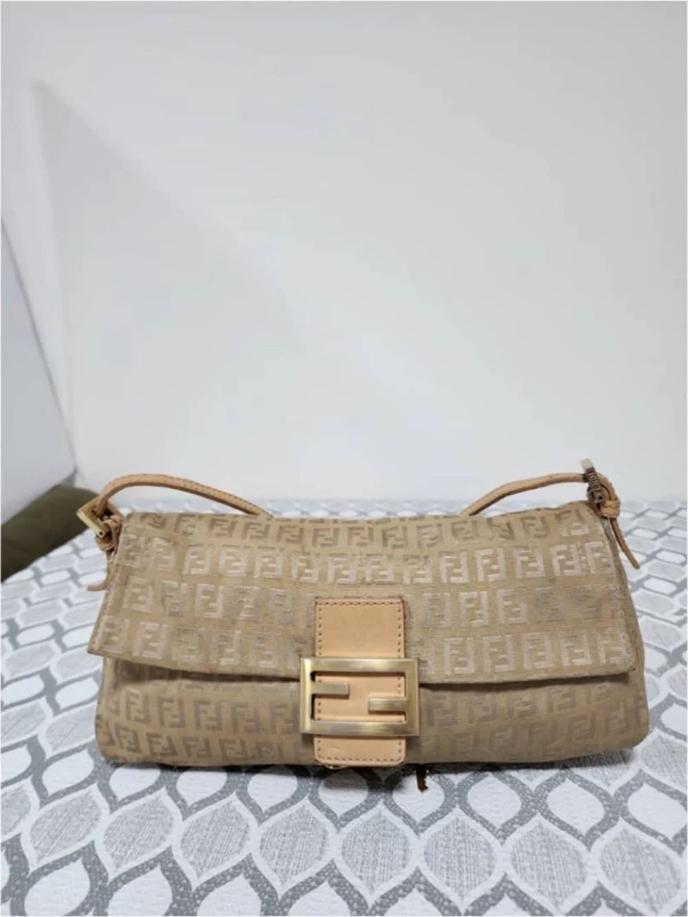 Authentic FENDI Metallic Zucchino Canvas Baguette Bag Gold/Beige